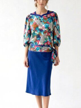 80s DIANE FREIS Floral Silk Blouse w Sash | Blouson Tunic XS/S